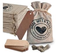 50 bolsas de regalo de arpillera de 10 x 15 cm con 50 etiquetas y 50 cuerdas, línea de cordón, con frase hecha con amor, fiesta de joyería hecha a mano, recuerdos de boda, regalo, arte y manualidades,