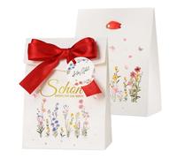 50 bolsas de regalo de papel con diseño de flores, regalos de Pascua, con colgantes y lazo, 10 x 8 x 4 cm, bolsas de papel pequeñas bonitas con texto en alemán "Dass du da Bist, para envolver regalos