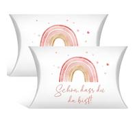 50 cajas de cojín con cordón de yute, diseño de arco iris «Schön dass du da bist», caja plegable, regalo para invitados, confirmación, regalo de comunión