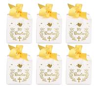 50 cajas de regalo de fiesta, caja de azúcar, regalo de bautizo, cinta de regalo, material Mi Bautizo con estampado de lámina de oro blanco