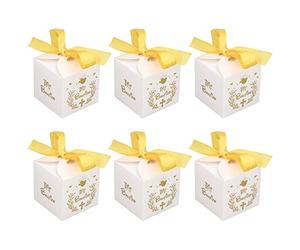 50 cajas de regalo para fiestas, material de papel, patrón Mi Bautico, equipadas con cinta dorada, cajas de regalo de boda blancas para fiestas