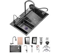 50 Cm De Ancho Fregadero De Cocina Con Grifo Cocina Extraible, 1 Cubeta De Acero Inoxidable Nanorrevestimiento, Fregadero Negro Con Cascada Así Como Otros Accesorios(Black-Grey B,80x50cm)