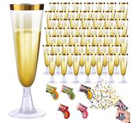50 Copas de Plastico Champagne Cava Desechables Duro Vino Plástico 160ml Lavables y Reutilizables +5 Cañones de Confeti Vasos para Champagne, Vino Espumoso y Postres, Ideal Bodas Cumpleaños y Fiestas
