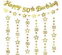 50 cumpleaños decoración mujer hombre - 4 unidades doradas Happy 50th Birthday Banner guirnalda y decoración colgante con estrellas y el número 50 para una elegante fiesta de cumpleaños 50
