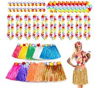 50 faldas hawaianas de hierba hula y guirnaldas hawaianas, 10 faldas de hierba hawaiana, 10 leis hawaianas, collar de flores de 10 luau y 20 pulseras tropicales, recuerdos de fiesta hawaiana Luau