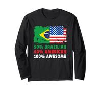 50% Half Brazilian Half American 100% Awesome Brazil Flag Manga Larga