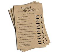50 He Said She Said - Juego de ducha de papel kraft rústico (50 hojas) para bodas, despedidas de soltera, aniversario de boda, fiesta, ideas para juegos (tamaño grande de hoja)