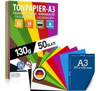 50 hojas de papel de dibujo DIN A3 - 130 g - 10 colores - Papel sólido - Hojas de colores para la escuela, hobbies - Niños y manualidades - Papel de copia, regalos, papel de colores - de Alemania