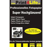 50 hojas de Super brillante papel fotográfico 180g /m² DIN A4; El documento puede ser de hasta 9600 dpi se imprimen y las impresiones son completamente impermeable y resistente a la decoloración.