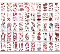 50 hojas de tatuajes de Halloween, cicatrices falsas de zombi, pegatinas de tatuajes con sangre de costra falsa, accesorios de maquillaje para disfraces, decoraciones para fiestas de Halloween