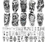 50 hojas de tatuajes temporales falsos para hombres, mujeres y adultos, 10 tatuajes realistas 3D grandes de media manga, 40 tatuajes pequeños de prisión con calaveras, esqueletos y animales (pegatinas