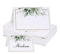 50 Hojas Tarjeta de Mesa de Nombre Plegable Tarjeta de Lugar de Asiento Blanca Diseño Hoja Verde para Fiesta de Boda Comunión Bautizo Cumpleaños Confirmación Baby Shower Navidad