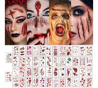 50 Hojas Tatuajes Temporales de Halloween, Horror Wound Zombie Scar 3D Maquillaje de Halloween y Decoraciones para Fiestas Tatuajes Falsos Cosplay Costume Maquillaje Props