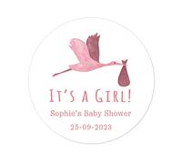 50 It's a Girl! Pegatinas PERSONALIZADAS pegatinas para fiesta de bebe/girls Baby Shower/Anuncio de niña/Gender Reveal Party - 40mm Ready to Pop Recuerdos - Rd 362 (001 Cigüeña)