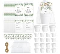 50 juegos de recuerdos de boda para invitados, a granel, incluye paquetes de semillas de Let Love Grow, macetas blancas, etiquetas de agradecimiento, bolsas de regalo de organza, cuerdas de cáñamo