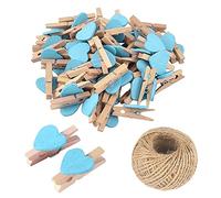 50 Mini Pinzas de Madera Azul Claro, pequeñas Pinzas Multicolor con corazón, Clips de Fotos de corazón de 3 cm