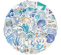 50 Pcs Mar Pegatinas, Verano de la Costa Azul Stickers,Impermeables Reutilizables Sticker de Concha de Medusa y Estrella de Mar para Niños y Adultos para Ordenador Portátil Skate Maletas DIY