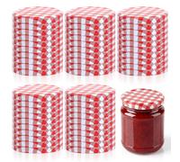 50 PcsTapas para Botes de Cristal, 82mm Tapas de Conservas de Boca Ancha, Tapas de Rosca para tarros de mermelada, tarros Mason, conservas, miel y mermelada (cuadros Rojo)