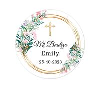50 PEGATINAS PERSONALIZADAS Bautizo o Comunion - Mi Bautizo con Cruz dorada/Etiquetas 40MM Personalizadas Recuerdos para Fiestas/Etiquetas Regalo recepción invitación - Rd 360 (006)