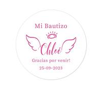 50 PEGATINAS PERSONALIZADAS Bautizo o Comunion - Mi Bautizo Pegatinas lindas alas de angel 40MM Personalizadas Gracias por venir! Recuerdos para Fiestas/Regalo/Sobre - Rd 363 (Rosado)