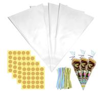 50 Piezas Bolsas Celofan Transparente,25x13cm Conos De Chuches Para Cumpleaños Bolsas Transparentes Para Regalos Con 50pcs Lazos Para Galletas Dulces Chocolate Navidad Boda Fiesta