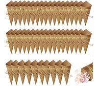 50 Piezas Conos Papel Kcraft, Bolsas de Confeti de Boda, con Cordel y Pegatinas, para Platos de Flores de Caramelo y Confeti(Papel Kraft)