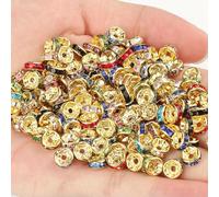 50 piezas Cuentas espaciadoras de diamantes de imitación, cuentas espaciadoras de metal de cristal multicolor, cuentas redondas para hacer joyas, pulseras DIY