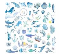 50 Piezas Pegatinas de Acuarela Océano Blue Ocean Animal Impermeables para Álbumes de Recortes, Calcomanías de Pared de Pescado de Mar para Apodera Computadoras Portátiles Guitarra