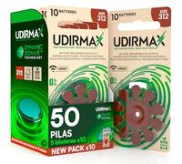 50 Pilas para Audífonos PR41 Marrones Tamaño 312 Udirmax Batteries con Tecnología Dynamic Sonar Zinc-Aire y Sin Mercurio 1.45V en Formato Eco Pack 5 Blísters Ecológicos de 10 Pila