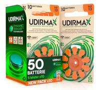 50 Pilas para Audífonos PR48 Naranjas Tamaño 13 Udirmax Batteries con Tecnología Dynamic Sonar Zinc-Aire y Sin Mercurio 1.45V en Formato Eco Pack 5 Blísters Ecológicos de 10 Pila
