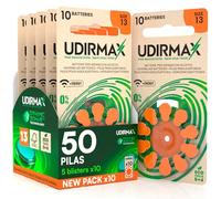 50 Pilas para Audífonos Tamaño 13 Udirmax PR48 Zinc-Aire Naranja Eco Pack - 5 Eco Blisters de 10 Pilas