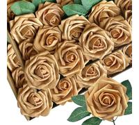 50 rosas artificiales de espuma con tallos, 12 hojas, rosas de imitación de aspecto real para ramos de boda, centros de mesa, arreglos de mesa de fiesta, decoración de bricolaje (50, polvo dorado)