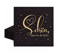 50 Servilletas con texto en alemán «Schön dass du da bist mit Gold Sprüche, Schwarz, Hochzeit, Babyparty, Geburtstag, Einweg-Party-Seretten Tischdeko, 2 ply, 33x33cm, Hergestellt in der EU