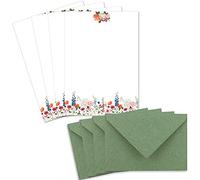 50 sets de papel de carta DIN A5 - Papel natural en crema con flores - con sobres DIN C6 en verde arco imprimible, ideal para invitaciones de boda