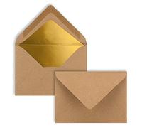 50 sobres pequeños de papel de estraza en color marrón arena con forro dorado, DIN C7, 8,1 x 11,4 cm, adhesivo húmedo, 120 g/m², sobres pequeños para vales, regalos