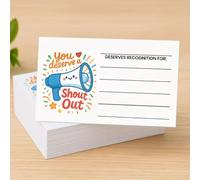 50 tarjetas de reconocimiento de gritos, tarjetas de alabanza en blanco con bonito patrón de megáfono, tarjetas de recompensa de agradecimiento para aula, oficina, compañeros de trabajo