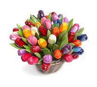 50 Tulipanes de Madera de Alto Brillo en una Cesta de Mimbre, 50 Tulipanes Artificiales Pintados a Mano, 34 cm de Altura, decoración, Regalo, cumpleaños, Made in Holland