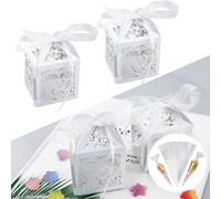 50 unidades de regalo para grageas (5 x 5 x 7 cm) cortado caja dragee boda blanca caja caramelo caja para grageas boda para invitados, decoración de boda, bauteme, cumpleaños con 1 bolsa de dado