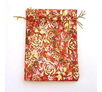 50 Unids/lote 7X9cm 9X12cm 11X16cm 13X18cm Oro Amor corazón Rosa Organza Bolsa Boda Gasa Regalo Bolsas de Navidad Embalaje de joyería-Rojo, 9x12cm