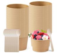 50 vasos de helado universales ecológicos de cartón, 240 ml, de papel con 50 cucharas, helados de cartón, vasos compostables, vasos de papel para helados, postres, comida con dedos