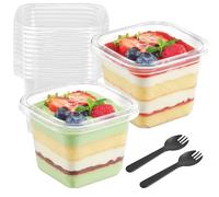 50 vasos de postre de plástico con tapa, 360 ml, vasos de postre, rectangulares, de plástico, con cucharas, cuencos de postre, reutilizables, parfait, aperitivos para tiramisú, postres, pudding mousse