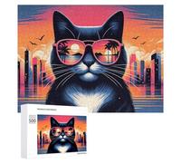 500 PCS Rompecabezas De Piezas para Adolescentes City Cat Sunset Glasses Art Rompecabezas para Adultos Juego Familiar Análisis Y Desafío Educativo De Lógica 500 PCS