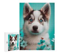 500 PCS Rompecabezas para Adolescentes Blue-Eyed Husky with Flowers Rompecabezas para Adultos Juegos Familiares Desafío Difícil Ayuda A Ejercitar El Cerebro 500 PCS