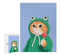 500 PCS Rompecabezas para Adolescentes Cat in Frog Hoodie with Lollipop Rompecabezas para Adultos Juegos De Relajación Decoración De Pared Ayuda A Ejercitar El Cerebro 500 PCS