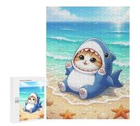 500 PCS Rompecabezas para Adolescentes Cat in Shark Costume on Beach Juegos Familiares De Rompecabezas para Adultos Que Mejoran La Memoria Ayudan A Ejercitar El Cerebro 500 PCS