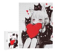 500 PCS Rompecabezas Para Adolescentes Cute Anime Neko Girl with Red Heart And Black Cats Rompecabezas Para Adultos Regalos De Cumpleaños Juego Familiar Apto Para Personas De 14 Años En Adelante 500 P