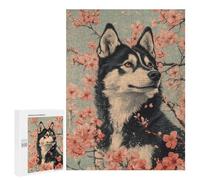 500 PCS Rompecabezas para Adolescentes Husky in Cherry Blossoms Husky Dog Cherry Blossom Floral Art Rompecabezas para Adultos Juegos Familiares Mejora La Memoria Regalos para Amigos Y Familiares 500
