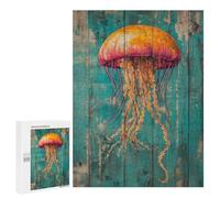 500 PCS Rompecabezas para Adolescentes Jellyfish on Teal Wood Beach House Decor Rompecabezas Juegos Relajantes Pero Divertidos Y Humorísticos Cumpleaños Y Navidad 500 PCS