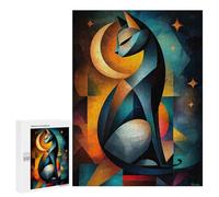 500 PCS Rompecabezas para Adolescentes Modern Cubism Cat and Moon - Abstract Geometric Feline Art Rompecabezas Juegos Relajantes Desafío Difícil Desafiante De Completar 500 PCS