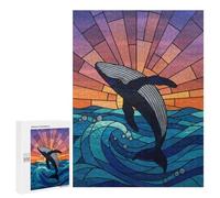 500 PCS Rompecabezas para Adolescentes Stained Glass Whale Leaping from Ocean Rompecabezas para Adultos Juegos Relajantes Que Mejoran La Memoria Actividades Divertidas En Casa 500 PCS